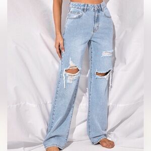HIGH WAIST RIPPED STRAIGHT LEG JEANS